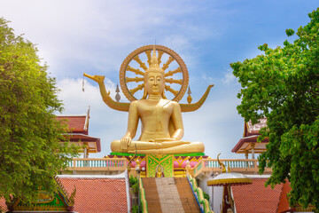 Scene in Wat Phra Yai (Big buddha temple) in Samui under blue sky in Samui island, Thailand