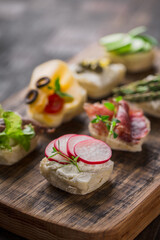 Set of different mini canapes served on a wooden board. Catering finger food.