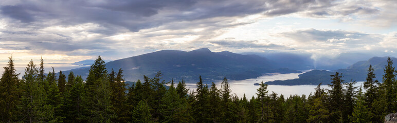 Beautiful Panoramic Canadian Landscape view from top of Mt. Gardener Hike with Howe Sound in Background. Located in Bowen Island, near Vancouver, British Columbia, Canada.