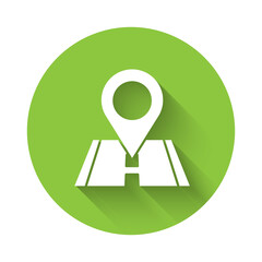 White Map pin icon isolated with long shadow. Navigation, pointer, location, map, gps, direction, place, compass, search concept. Green circle button Vector Illustration