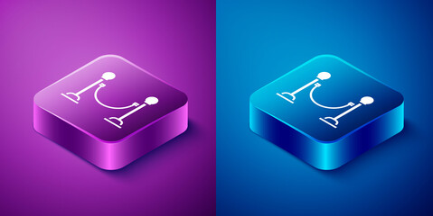 Isometric Rope barrier icon isolated on blue and purple background. VIP event, luxury celebration. Celebrity party entrance. Square button. Vector Illustration.