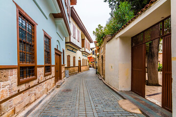 Colorful historical Kaleici Houses view in Antalya City.