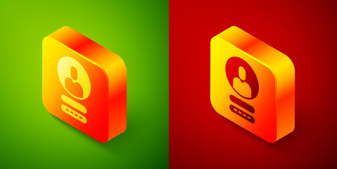 Isometric Create account screen icon isolated on green and red background. Square button. Vector Illustration.