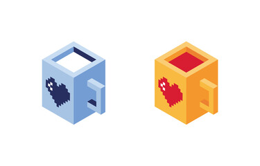 Obraz premium Vector illustration in poly low style. Isometric cup with a drink. Juice, tea, coffee, milk. Pixel art. Set. Heart in pixels. Blue, Red and Yellow. 8 bit. Eps 10 