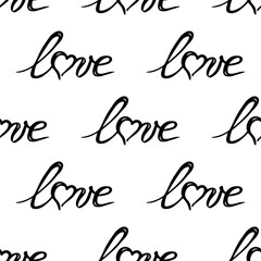 Hand drawn seamless pattern of lettering Love in unbroken line and heart isolated on white background. Romantic doodle sketch illustration for greeting card, invitation, wallpaper, wrapping paper