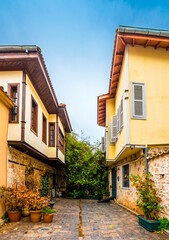 Colorful historical Kaleici Houses view in Antalya City.