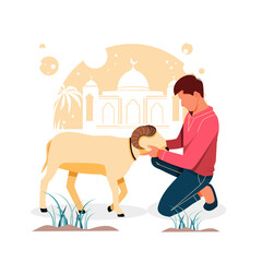 vector illustration of male portrait holding a goat, for eid al-adha mubarak, flat design concept