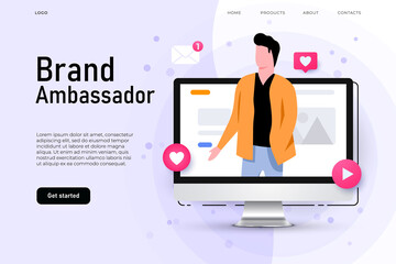 Brand ambassador illustration concept with man on the desktop screen who represent brand company. - obrazy, fototapety, plakaty