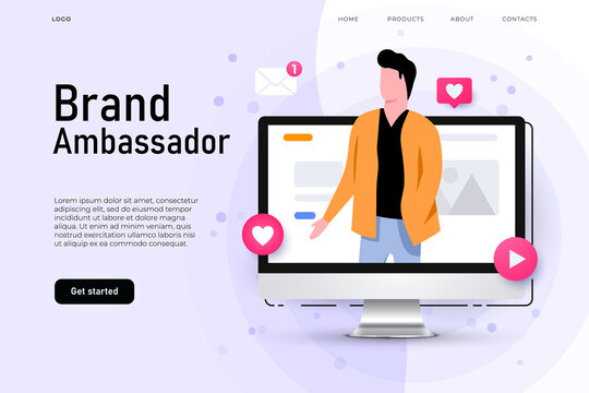 Brand Ambassador Illustration Concept With Man On The Desktop Screen Who Represent Brand Company.