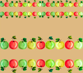 Handmade seamless watercolor fruit border witn yellow, green and red apples