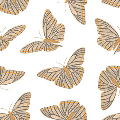 Seamless pattern with motley butterflies. Butterflies on a white background. Hand drawn illustration