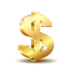 Golden dollar symbol isolated on white background.