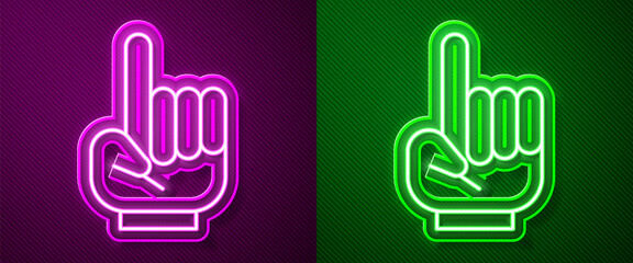 Fototapeta na wymiar Glowing neon line Number 1 one fan hand glove with finger raised icon isolated on purple and green background. Symbol of team support in competitions. Vector Illustration.