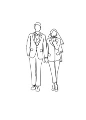 Fototapeta na wymiar One continuous line drawing, of newlyweds holding hands taking pre-wedding 