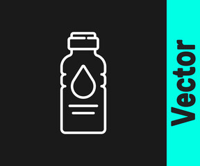 White line Bottle of water icon isolated on black background. Soda aqua drink sign. Vector Illustration.