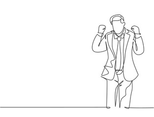 One single line drawing of young happy business man standing and fist his hands to the air to celebrate new business contract agreement. Business deal concept continuous line draw design illustration