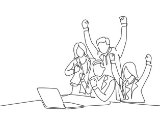 One continuous line drawing of young happy male start up CEO and his subordinates celebrating their success achieve the business target. Team work goal concept single line draw design illustration