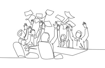 One single line drawing of young male and female stockbroker celebrate their success win on the stock exchange. Stock exchange business concept continuous line draw design graphic vector illustration