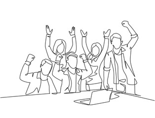 One continuous line drawing of young happy business man and business woman celebrating their success achieve the business target. Team work goal concept single line draw design vector illustration
