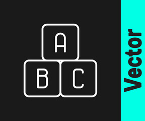 White line ABC blocks icon isolated on black background. Alphabet cubes with letters A,B,C. Vector Illustration.