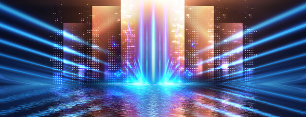 Obraz premium Empty stage background in purple color, spotlights, neon rays. Abstract background of neon lines and rays. Abstract background with lines and glow. Empty stage the reflection of neon lights