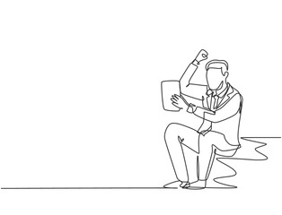One single line drawing of young happy CEO holding a paper containing business contract agreement. Business deal celebration successful concept. Continuous line draw design graphic vector illustration