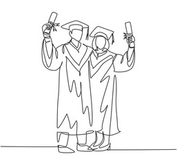 One continuous line drawing of young happy couple college student show their graduation roll letter to celebrate their graduate. Education college concept. Single line draw design vector illustration