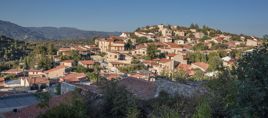 Fototapeta na wymiar Panoramic view of Lofou, a small, picturesque, tourist attraction village in Limassol district of Cyprus, locate nearby of Agios Therapon village