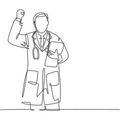 One single line drawing of young happy male doctor bringing medical paper on clipboard and celebrating his success to cure the patient. Medical health care concept continuous line draw illustration