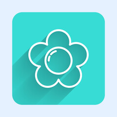 White line Flower icon isolated with long shadow. Green square button. Vector Illustration.