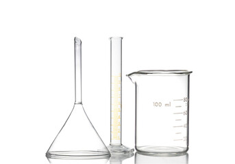 Group of laboratory glassware with reflection isolated on white background.