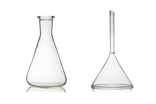 Group of laboratory glassware with reflection isolated on white background.