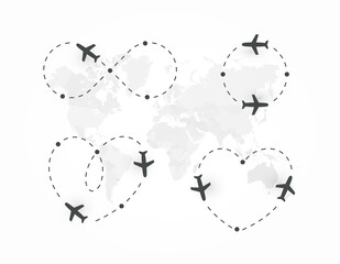 Airplane dotted route, icon set. Plane silhouette and flight path. Path direction loop, shape of heart, circle, infinity symbol. Vector logo concept.