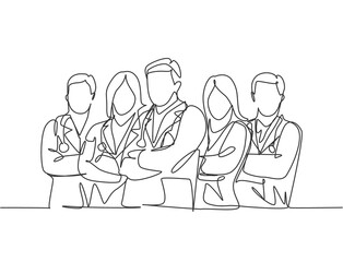 One single line drawing of group of male doctor and female doctor line up to celebrate their successful surgery operation. Team work success concept continuous line draw design vector illustration