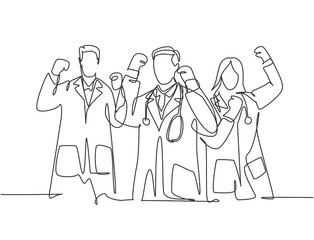 Continuous single line drawing of group of male doctor and female doctor celebrating their successful cure a patient. Medical health care services concept one line draw design vector illustration