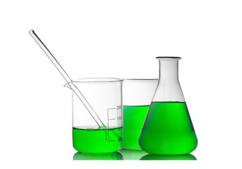 Group of laboratory glassware with reflection isolated on white background.