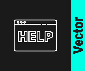 White line Browser help icon isolated on black background. Internet communication protocol. Vector Illustration.