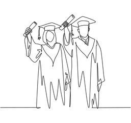 One continuous line drawing of young happy couple college student proud to show their graduation letter to celebrate their graduate. Education concept single line draw design vector illustration