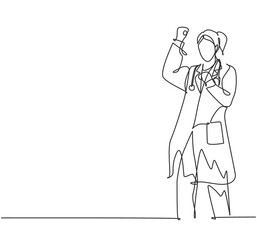 One single line drawing of young happy female doctor fist his hands to the air to celebrate his success treat the patient. Medical health care concept continuous line draw design vector illustration