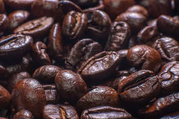 close up roasted coffee beans, background