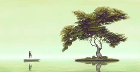 Freedom hope nature dream success and life concept, surreal scenery of bird tree on the island  with a man on a boat, fantasy artwork, imagination illustration , landscape painting © Jorm Sangsorn