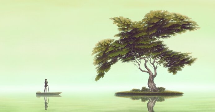 Freedom hope nature dream success and life concept, surreal scenery of bird tree on the island  with a man on a boat, fantasy artwork, imagination illustration , landscape painting
