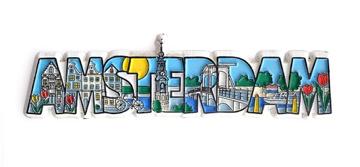 Souvenir magnet from the Netherlands in the form of a decorative inscription "Amsterdam" (the capital of the Netherlands) isolated on white background