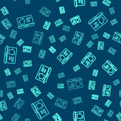 Green line Online real estate house on laptop icon isolated seamless pattern on blue background. Home loan concept, rent, buy, buying a property. Vector Illustration.