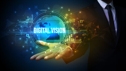Elegant hand holding DIGITAL VISION inscription, digital technology concept