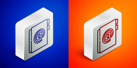 Isometric line Address book icon isolated on blue and orange background. Notebook, address, contact, directory, phone, telephone book icon. Silver square button. Vector Illustration.