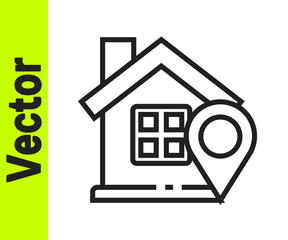 Black line Map pointer with house icon isolated on white background. Home location marker symbol. Vector Illustration.