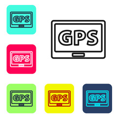 Black line Gps device with map icon isolated on white background. Set icons in color square buttons. Vector Illustration.