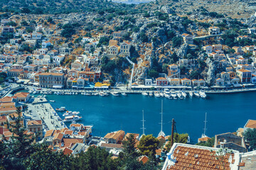 Fototapeta premium Panoramic view of the picturesque village on the Greek island of Symi, Dodecanese, Greece