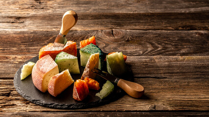 Different sorts of cheese. colored natural cheese. Long banner format. space for text. top view